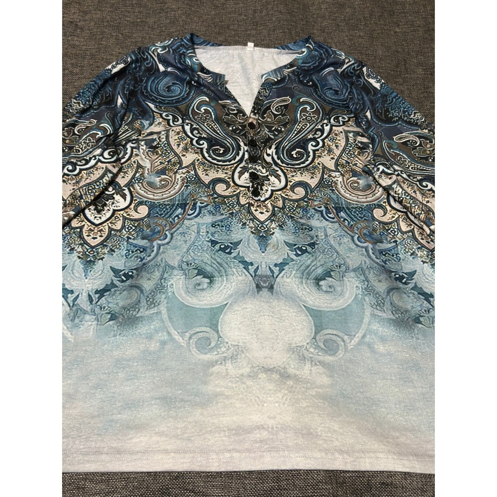 Unbranded Women XL Long Sleeve Top Blue Paisley Henley V-Neck - Picture 4 of 7